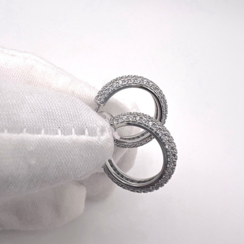 .925 Sterling Silver Pave Cz 16mm Post Hoop Earrings - Picture 4 of 15